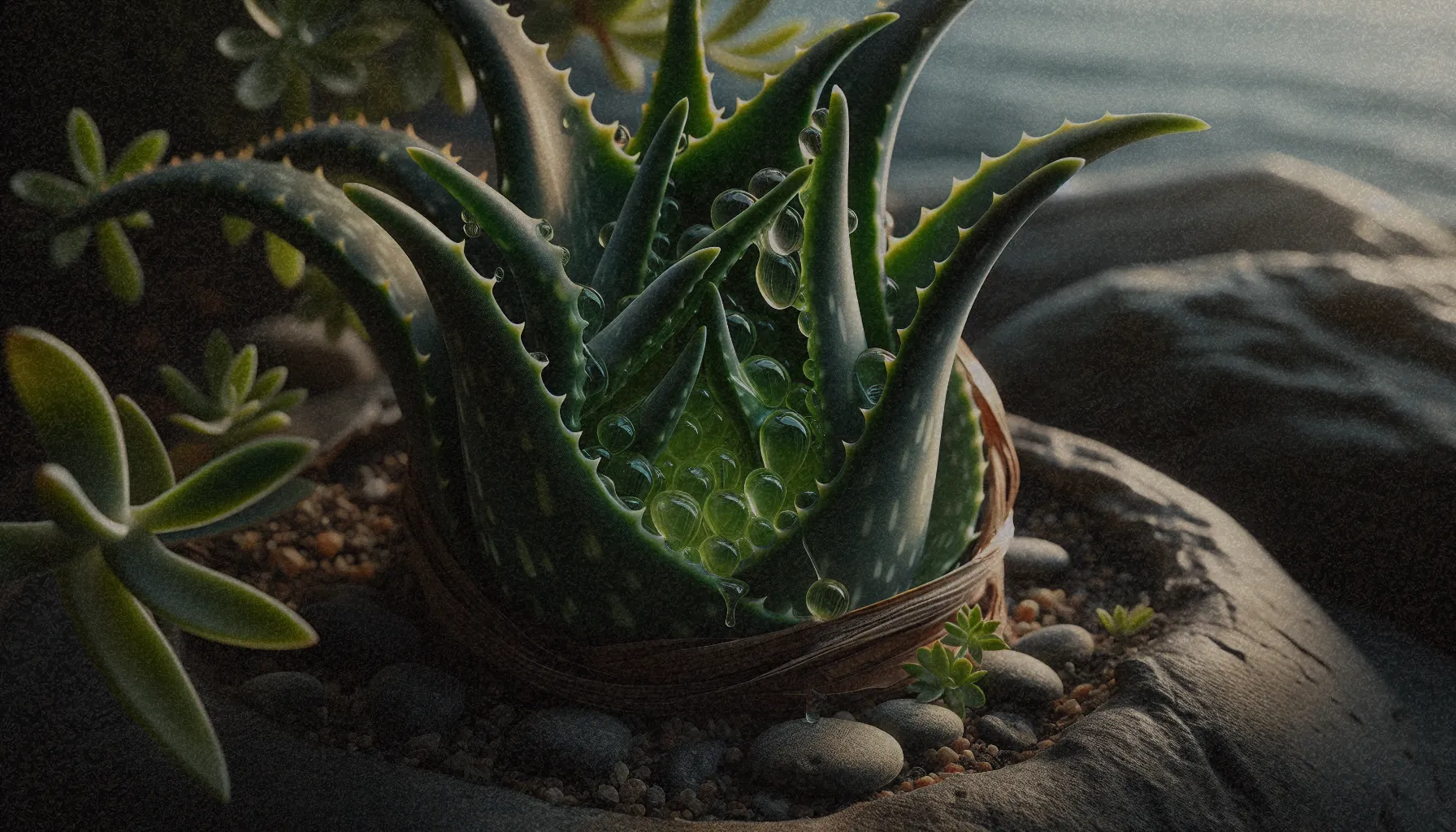 Planta de Aloe Vera con hojas carnosas y suculentas, mostrando el gel en su interior