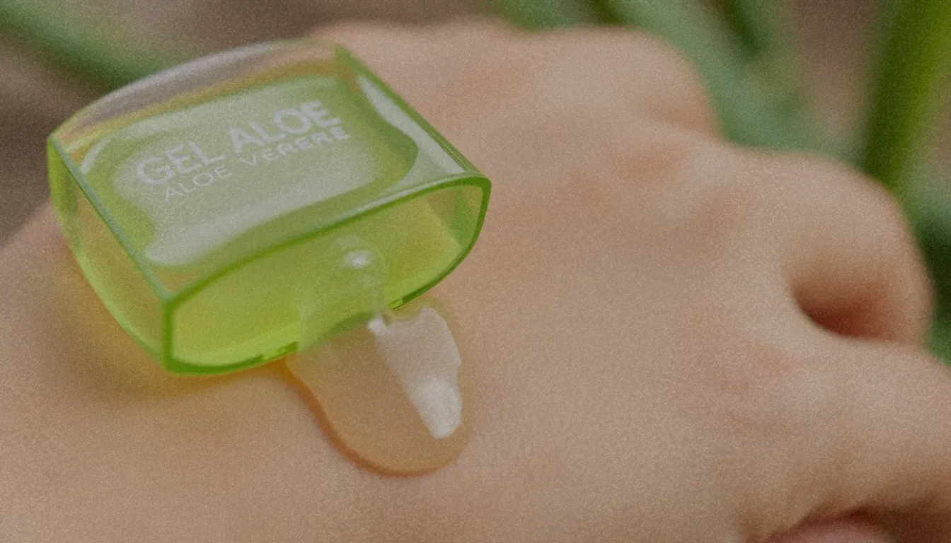 Gel de Aloe Vera aplicado sobre una quemadura, mostrando sus propiedades cicatrizantes y regeneradoras