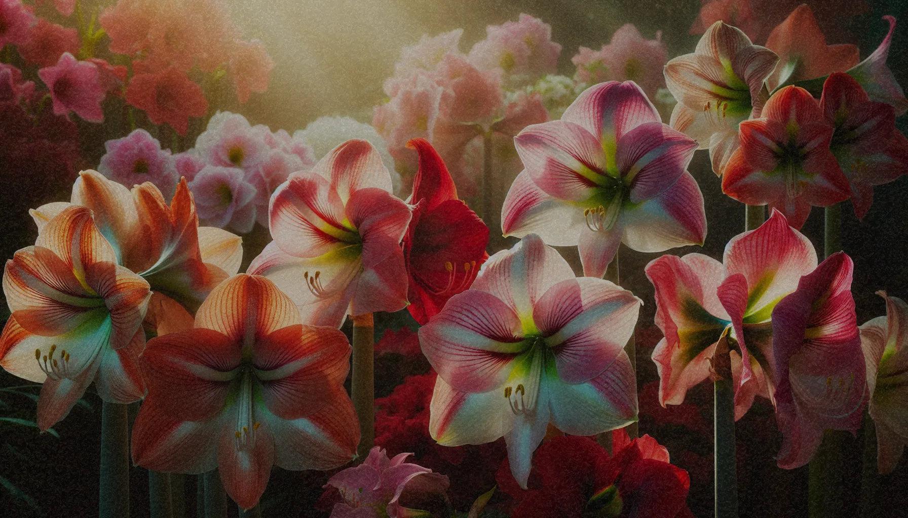 Flores de amarilis de diversos colores, destacando su belleza y formas extravagantes.