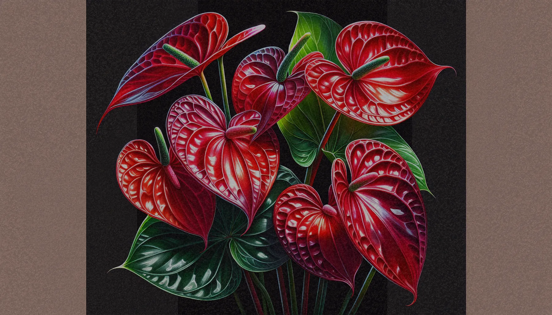 Ejemplo de Anthurium andraeanum con flores rojas vibrantes y hojas brillantes