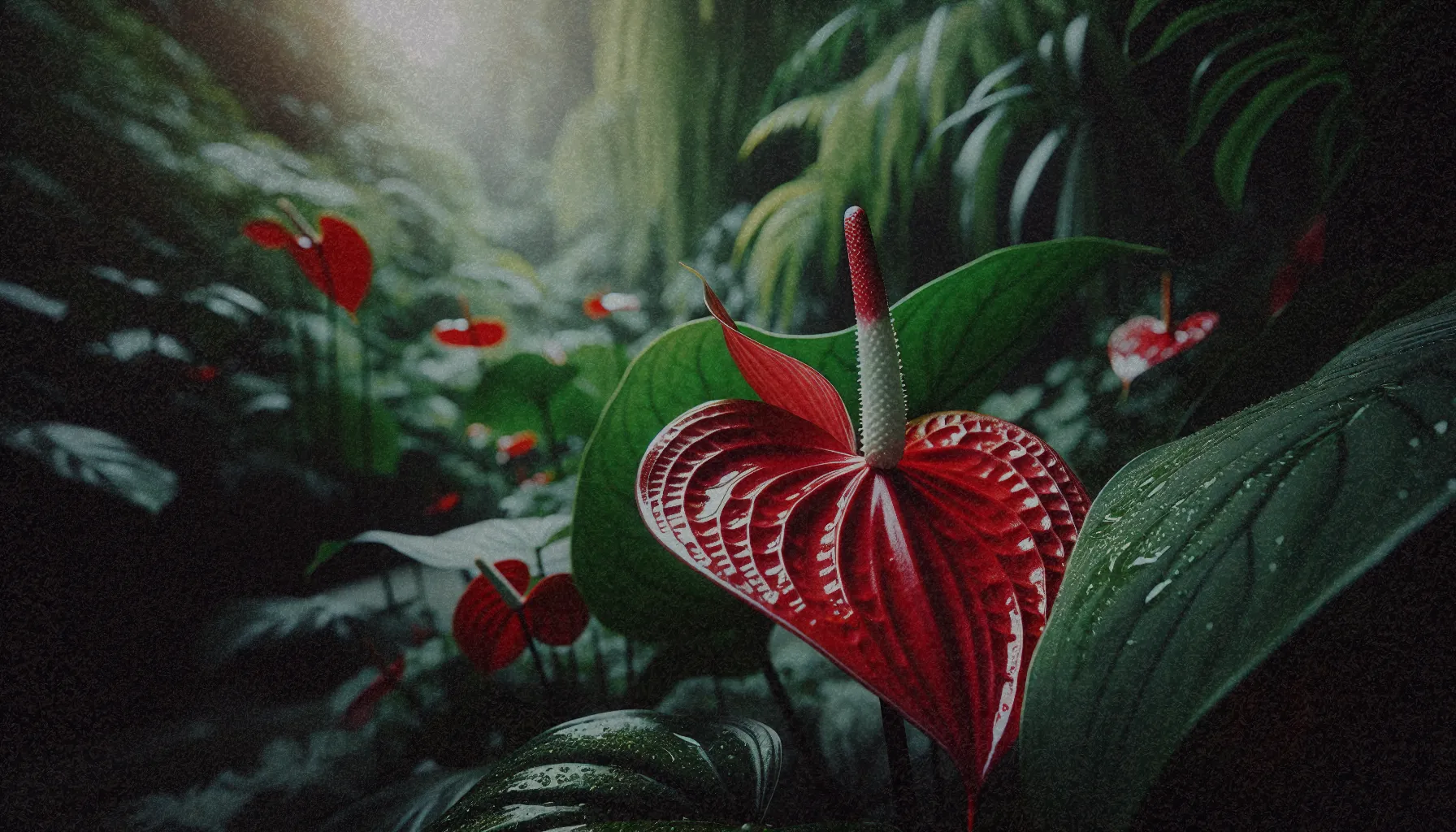 Vista de una flor de Anthurium andraeanum en un entorno natural, mostrando su espata roja brillante y espádice blanco en un fondo verde. La imagen destaca la belleza exótica de esta planta tropical.