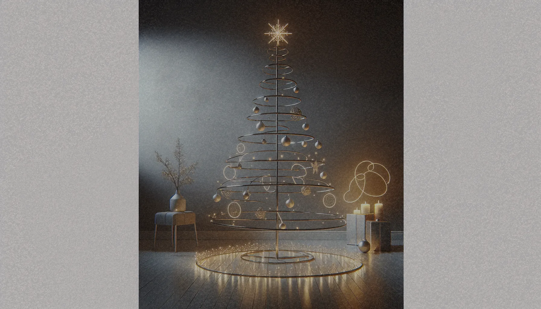 Un elegante árbol de Navidad moderno, hecho de metal, adornado con luces LED y decoraciones minimalistas.