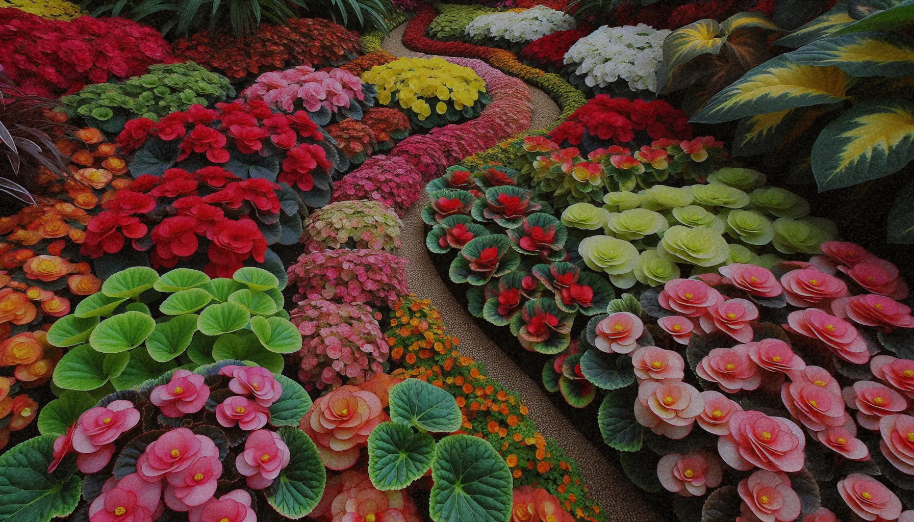 Variedades de begonias en diferentes colores en un jardín decorativo