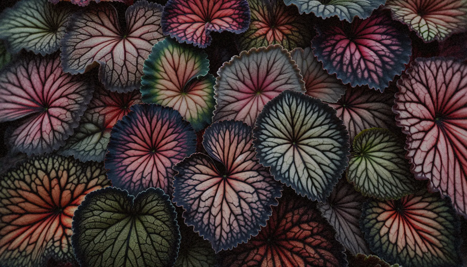 Close-up de las hojas de diferentes variedades de begonias mostrando su diversidad en textura y color