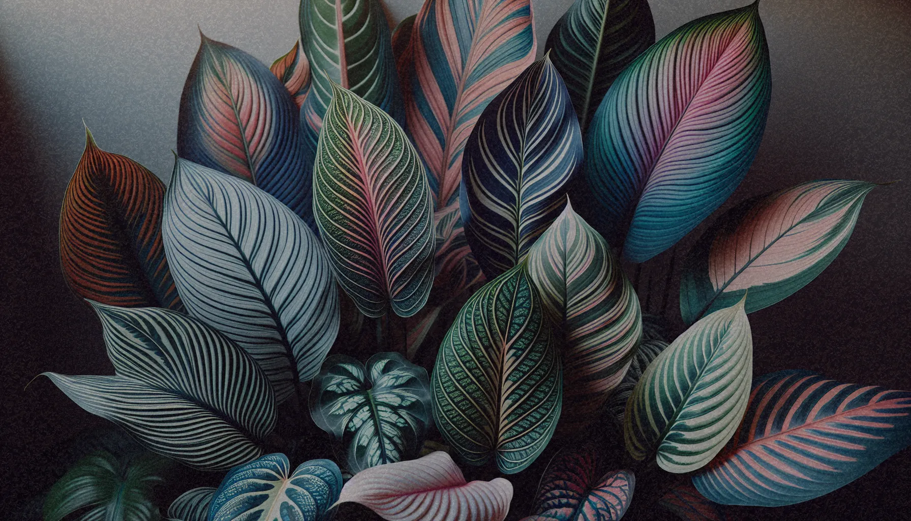 Hojas de Calathea en diversos patrones y colores, mostrando su belleza natural en un ambiente de interior