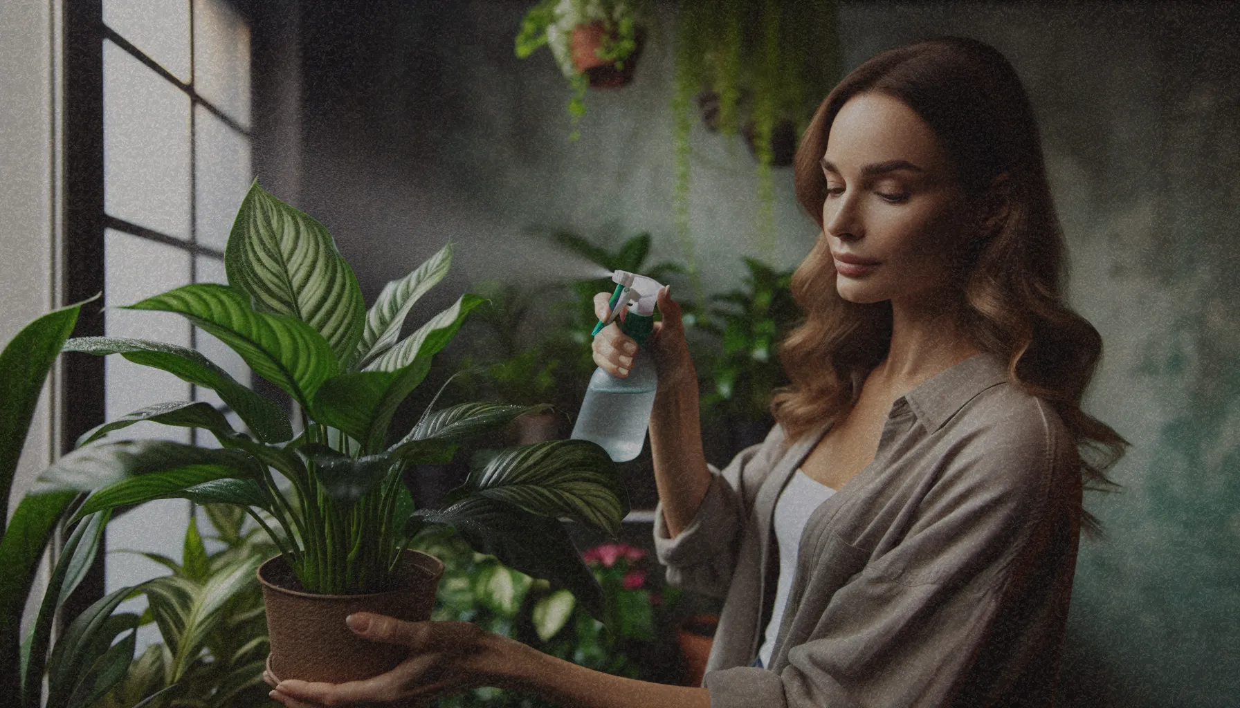 Persona rociando agua sobre las hojas de una Calathea, asegurando su adecuada humedad y cuidado en un interior