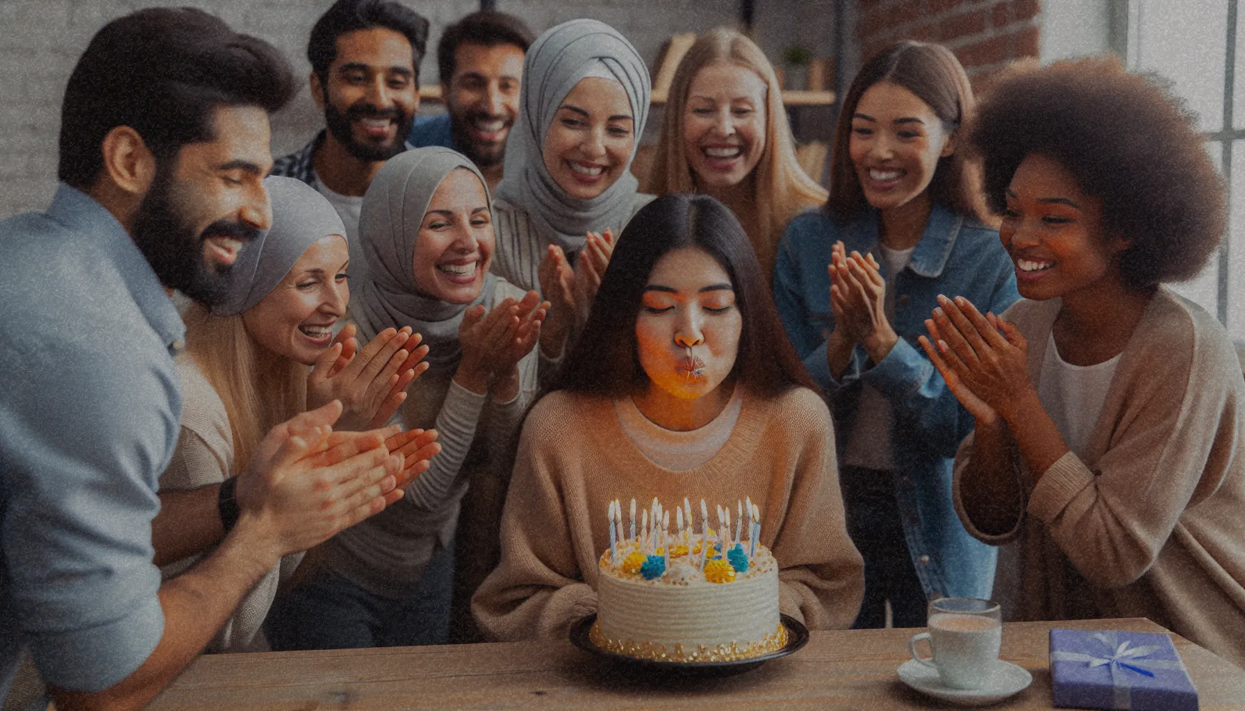 Una celebración de cumpleaños donde una hermana sopla las velas de su pastel, rodeada de amigos y familia, todos sonriendo y aplaudiendo.