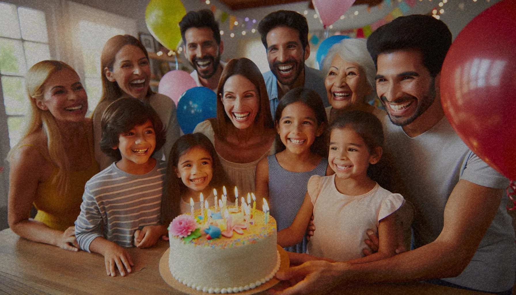 Familia celebrando el cumpleaños de una madre con una tarta y globos en un ambiente festivo.