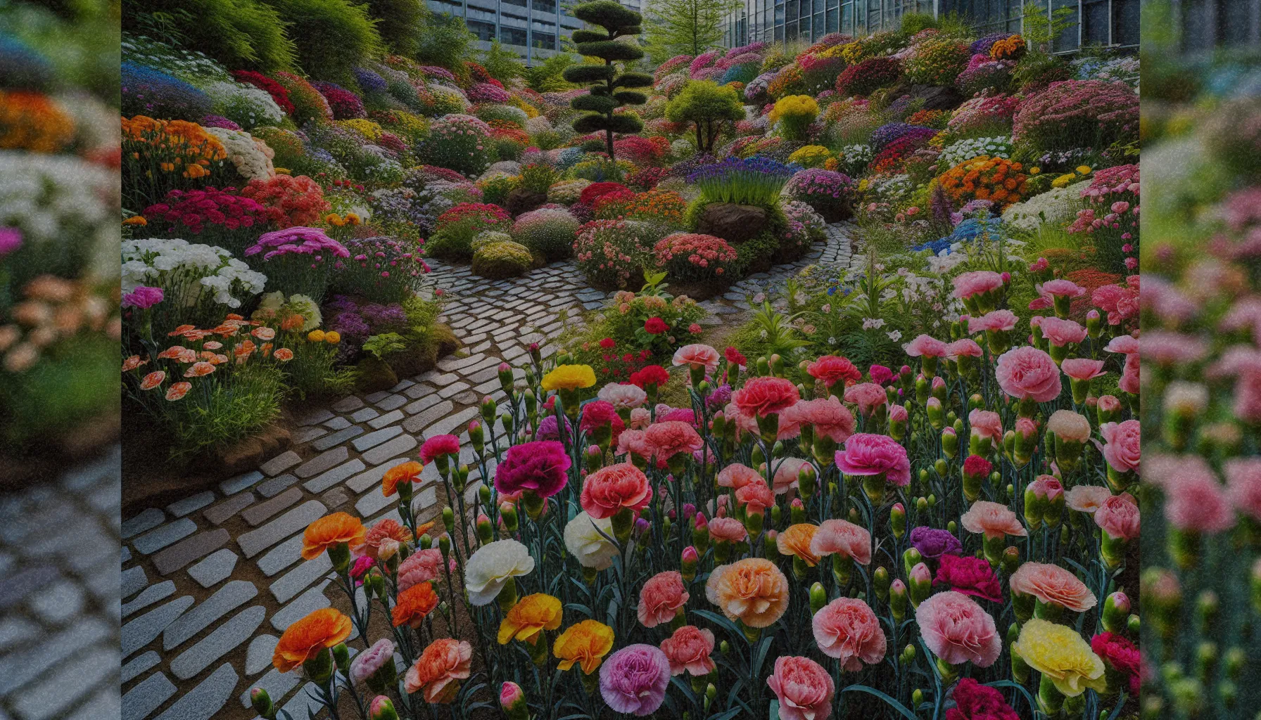 Un jardín lleno de claveles de diferentes colores, mostrando su adaptación a entornos urbanos.