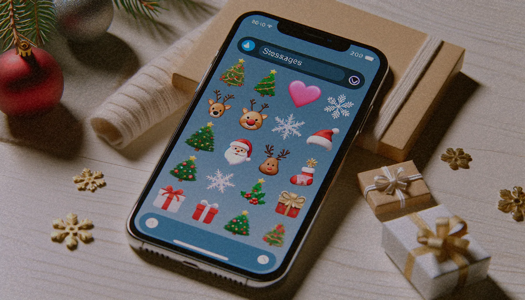 Teléfono móvil mostrando varios stickers navideños en la aplicación de WhatsApp