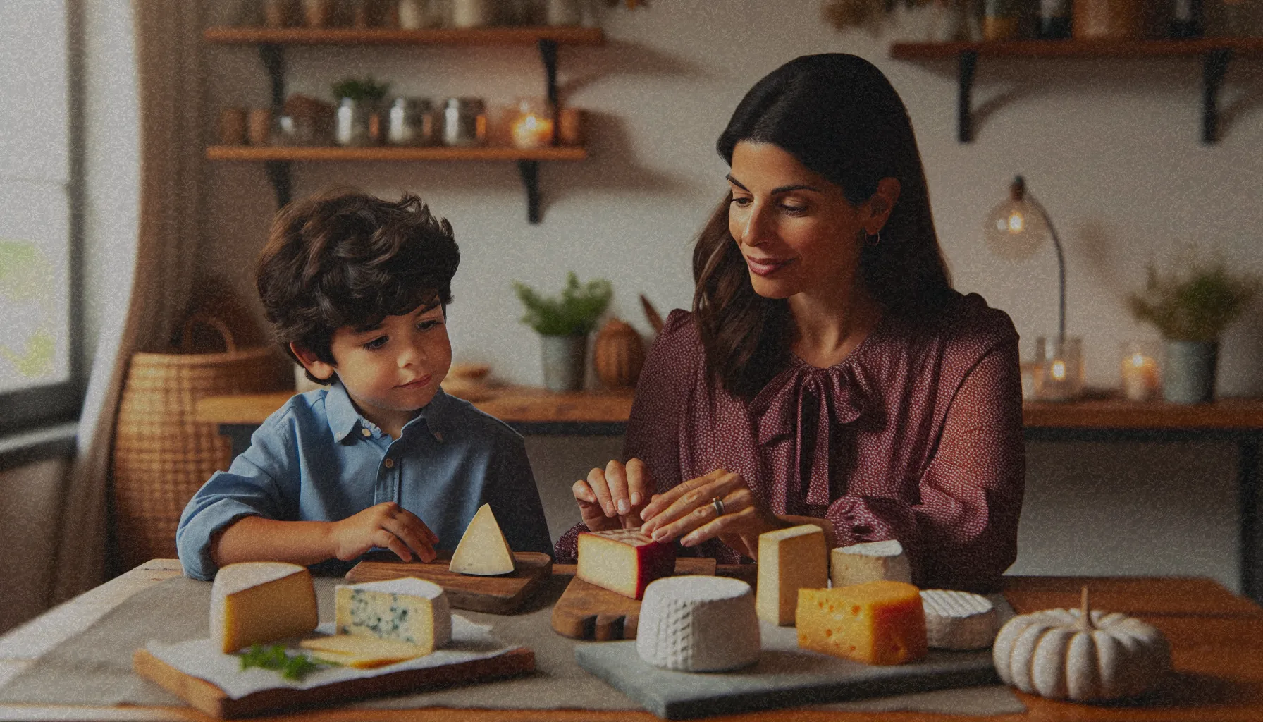 Momento especial entre madre e hijo disfrutando de una cata de quesos en casa.