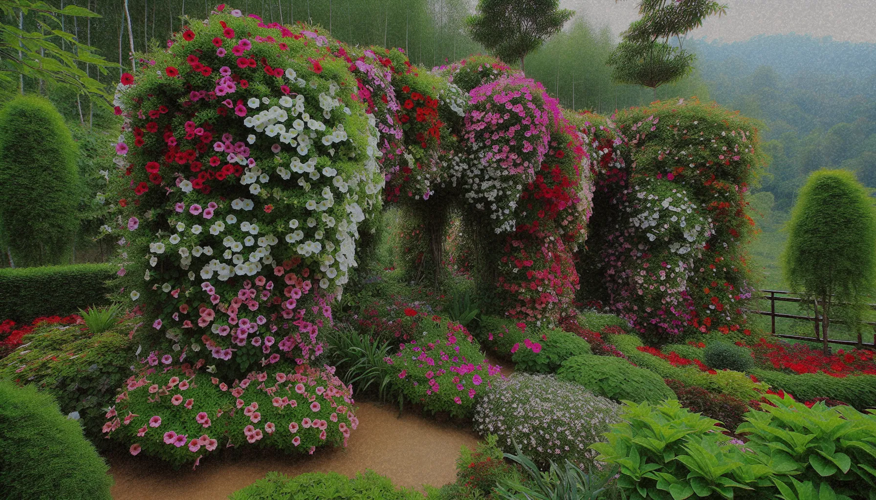 Dipladenia en un jardín, mostrando su exuberante floración en diferentes colores y su capacidad de cubrir estructuras