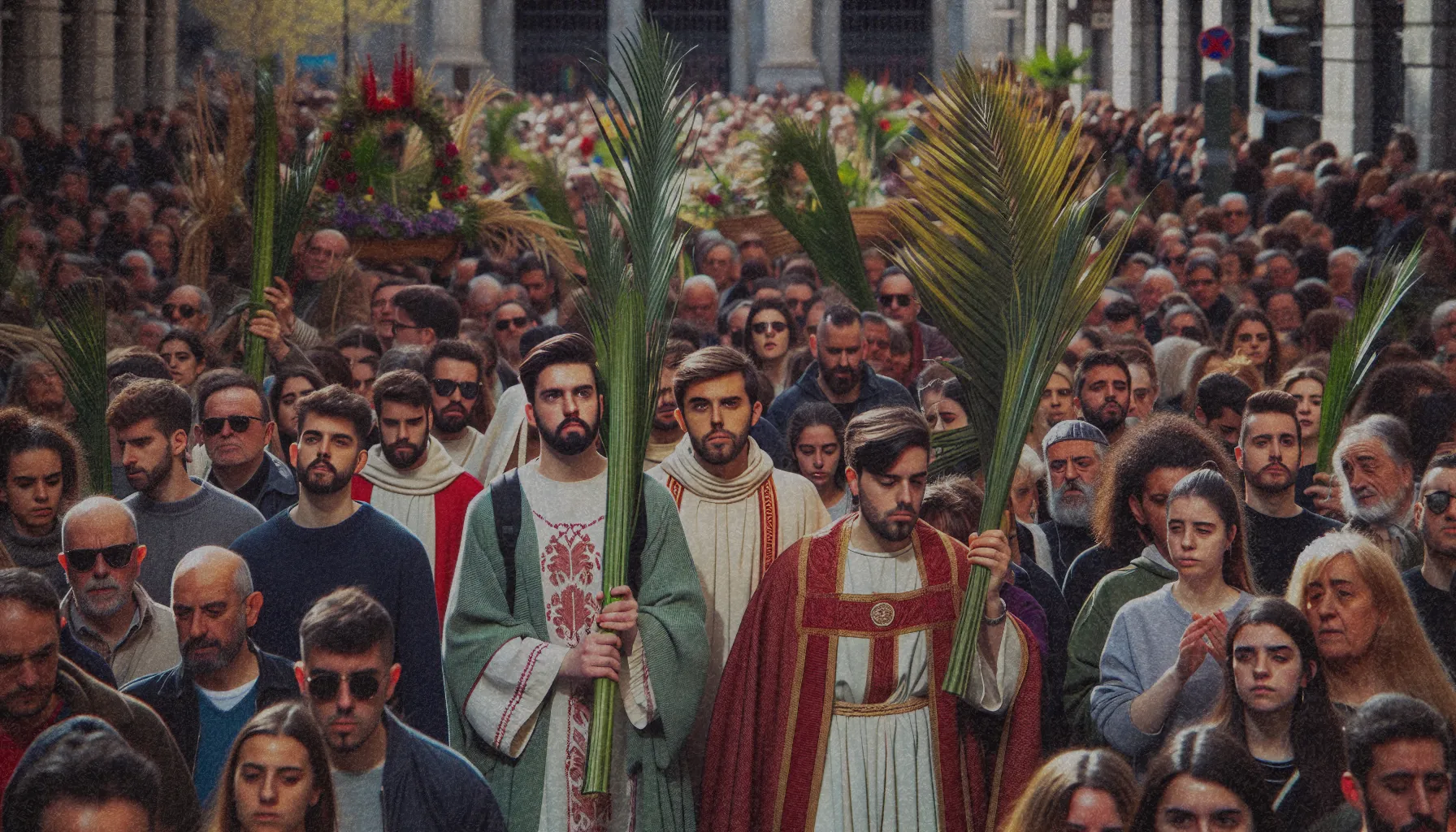 Feligreses en una procesión del Domingo de Ramos en Madrid, portando ramos de palma y disfrutando de la atmósfera festiva.