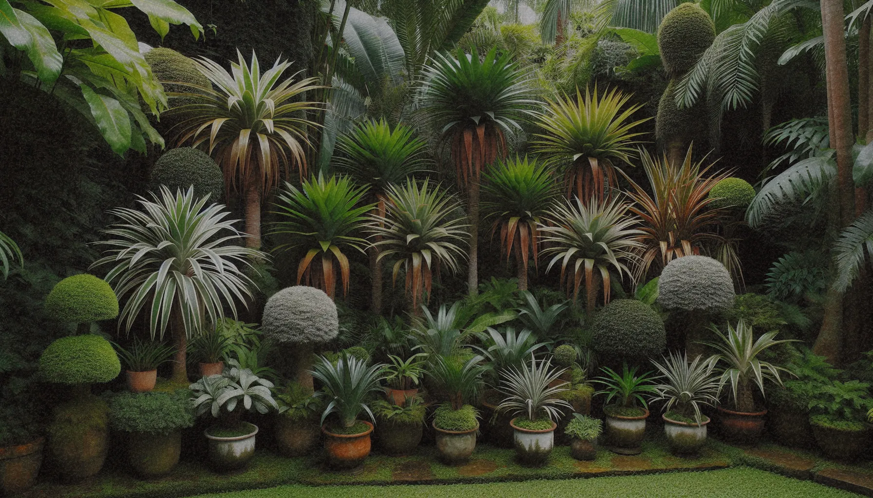 Varias especies de Dracaena en un entorno de jardín, mostrando su diversidad de formas y tamaños.