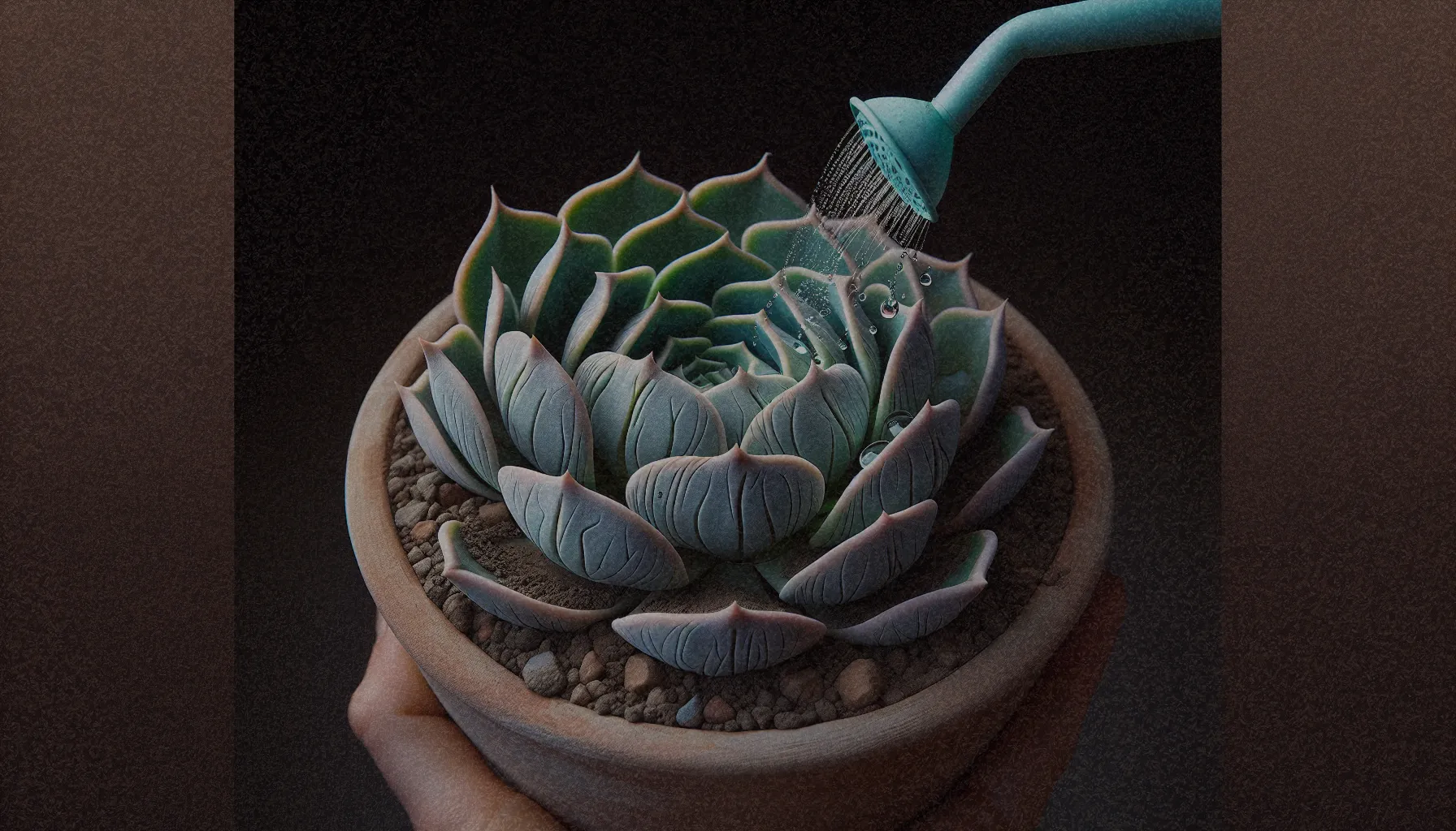 Echeveria siendo regada, mostrando el sustrato seco antes del riego.