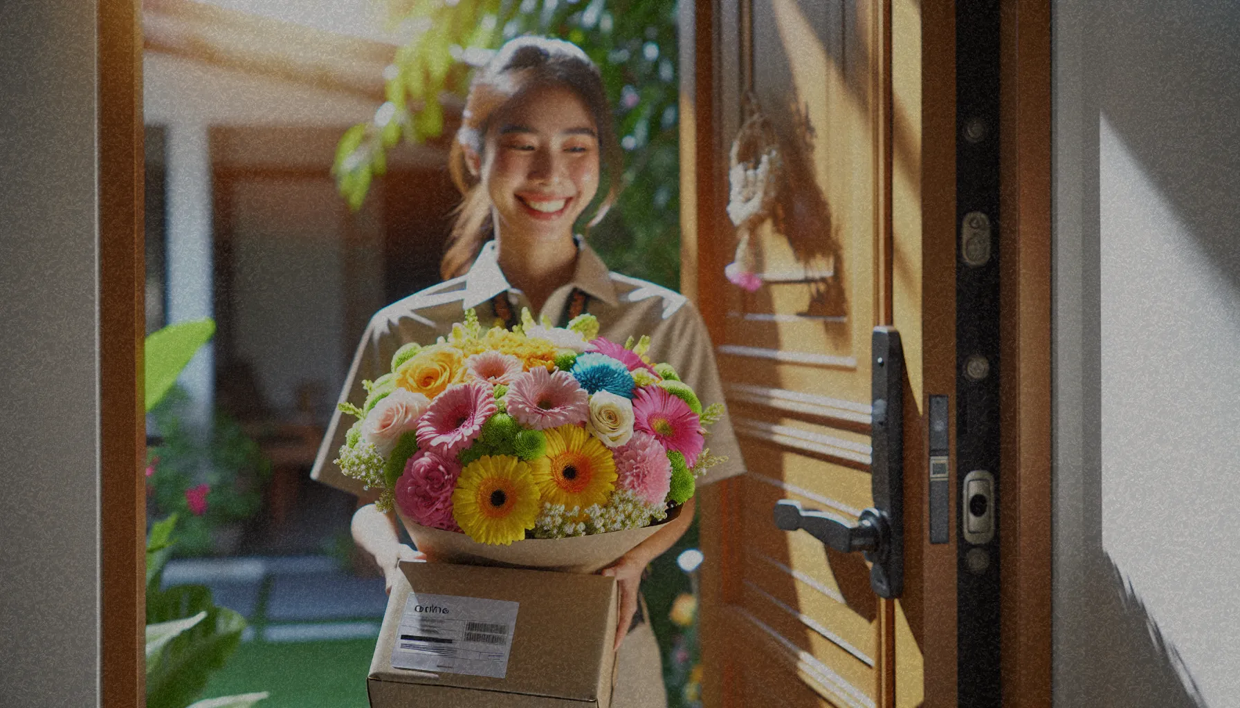 Ramo de flores frescas siendo entregado a domicilio, mostrando la comodidad del servicio en línea.