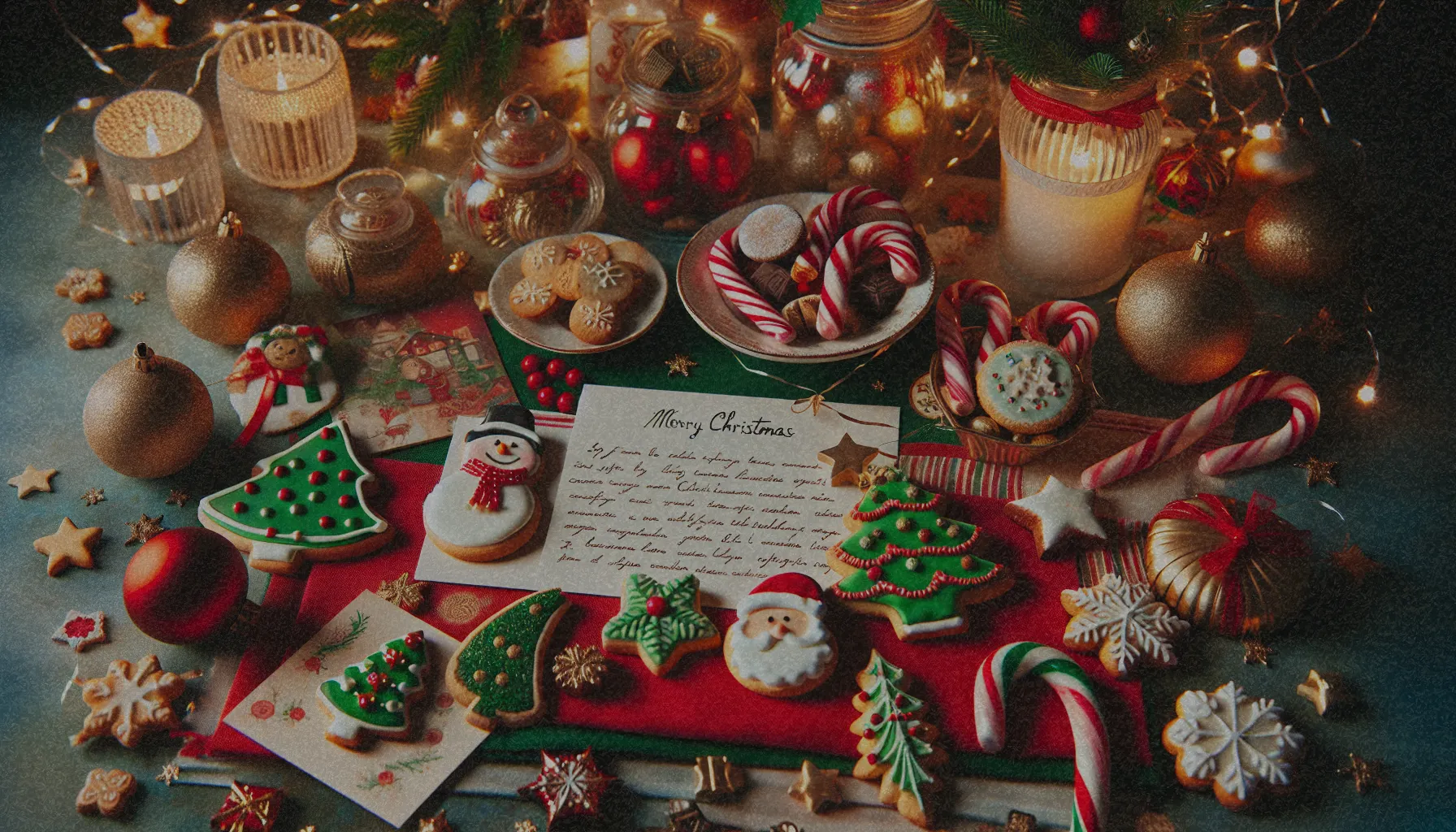 Una mesa decorada con felicitaciones navideñas y dulces típicos de la temporada