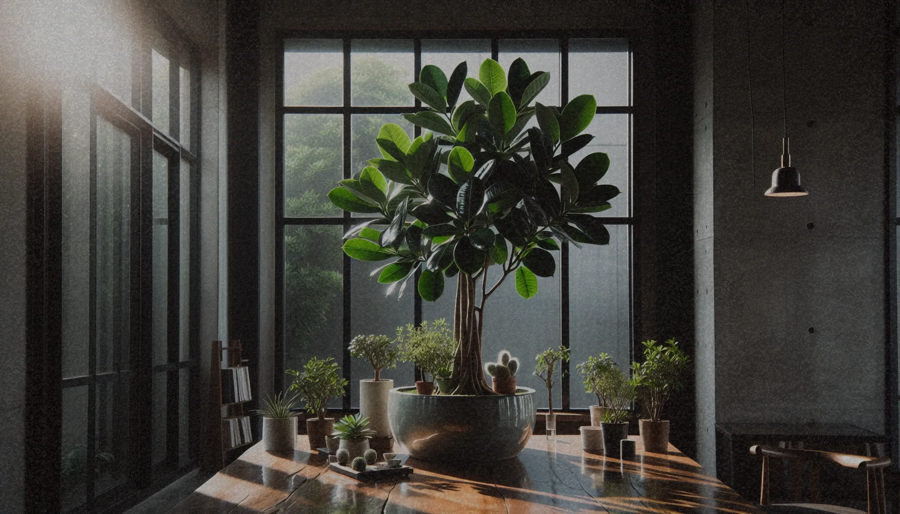 Un Ficus elastica como planta de interior, mostrando su follaje verde y brillante, en un ambiente de luz filtrada.