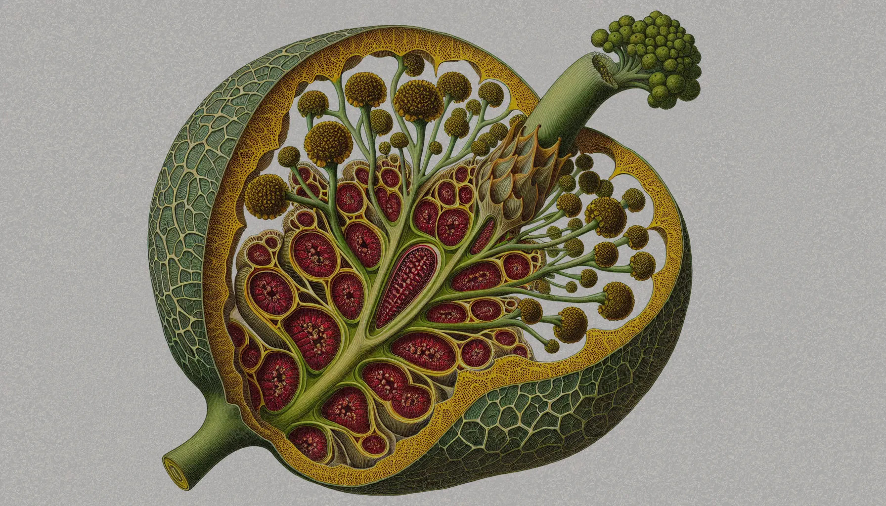 Imagen detallada del sicono del Ficus, mostrando su estructura floral compleja y las diminutas flores en su interior.