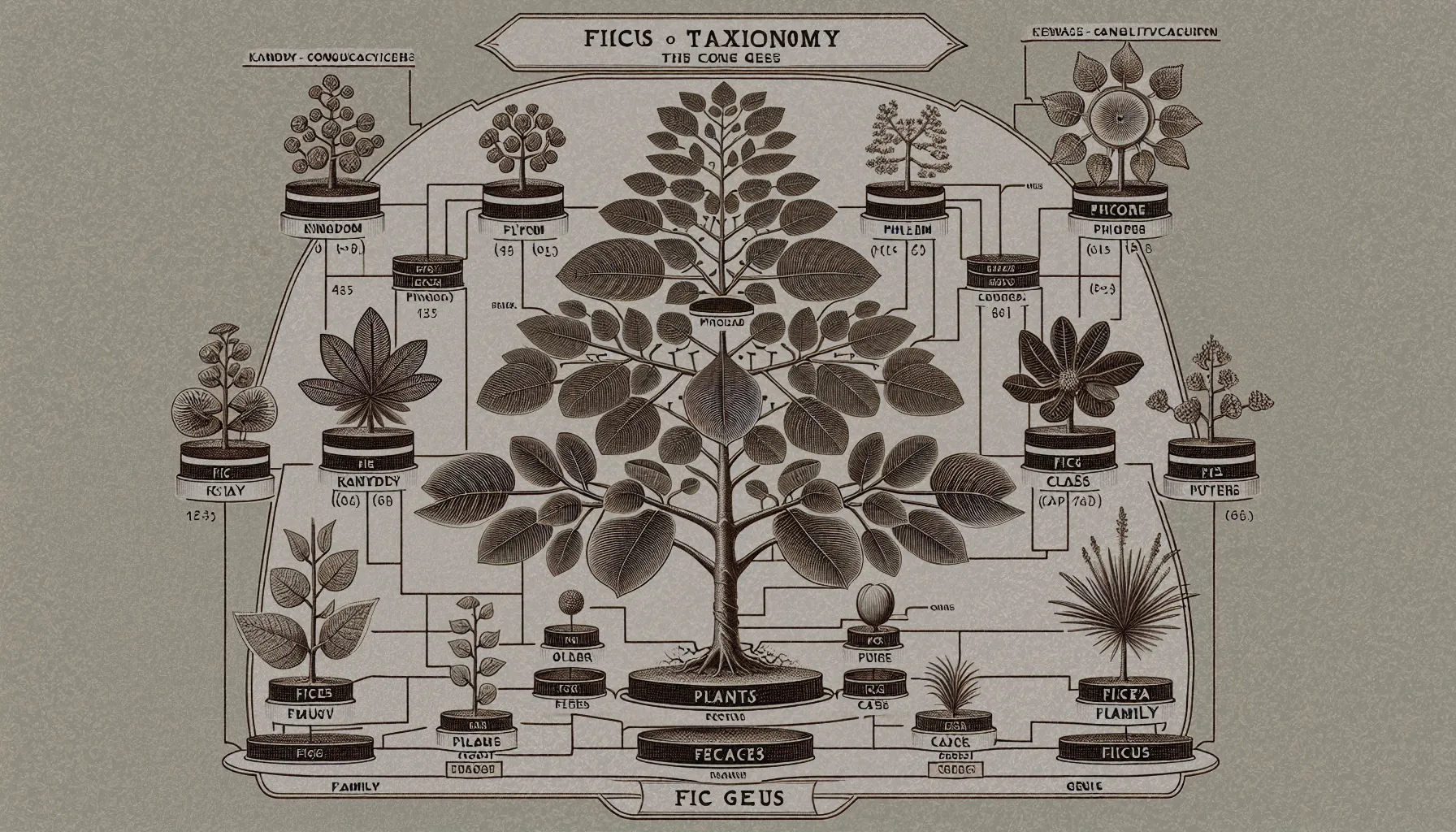 Representación gráfica de la taxonomía del género Ficus, mostrando las diferentes clasificaciones desde el reino Plantae hasta la tribu Ficeae.