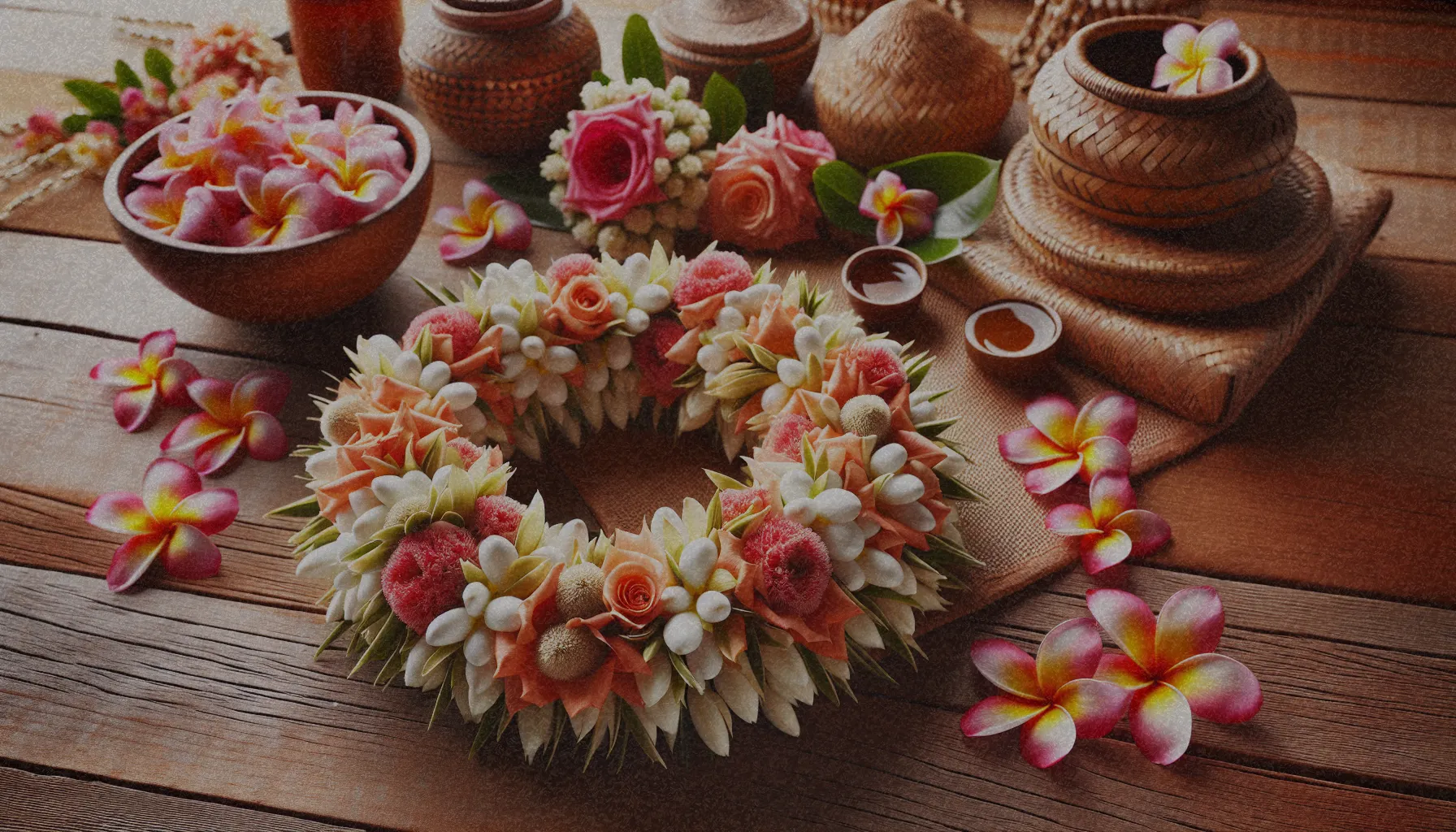 Guirnalda de 'lei' tradicional hecha con flores de mayo, símbolo de hospitalidad en Hawái