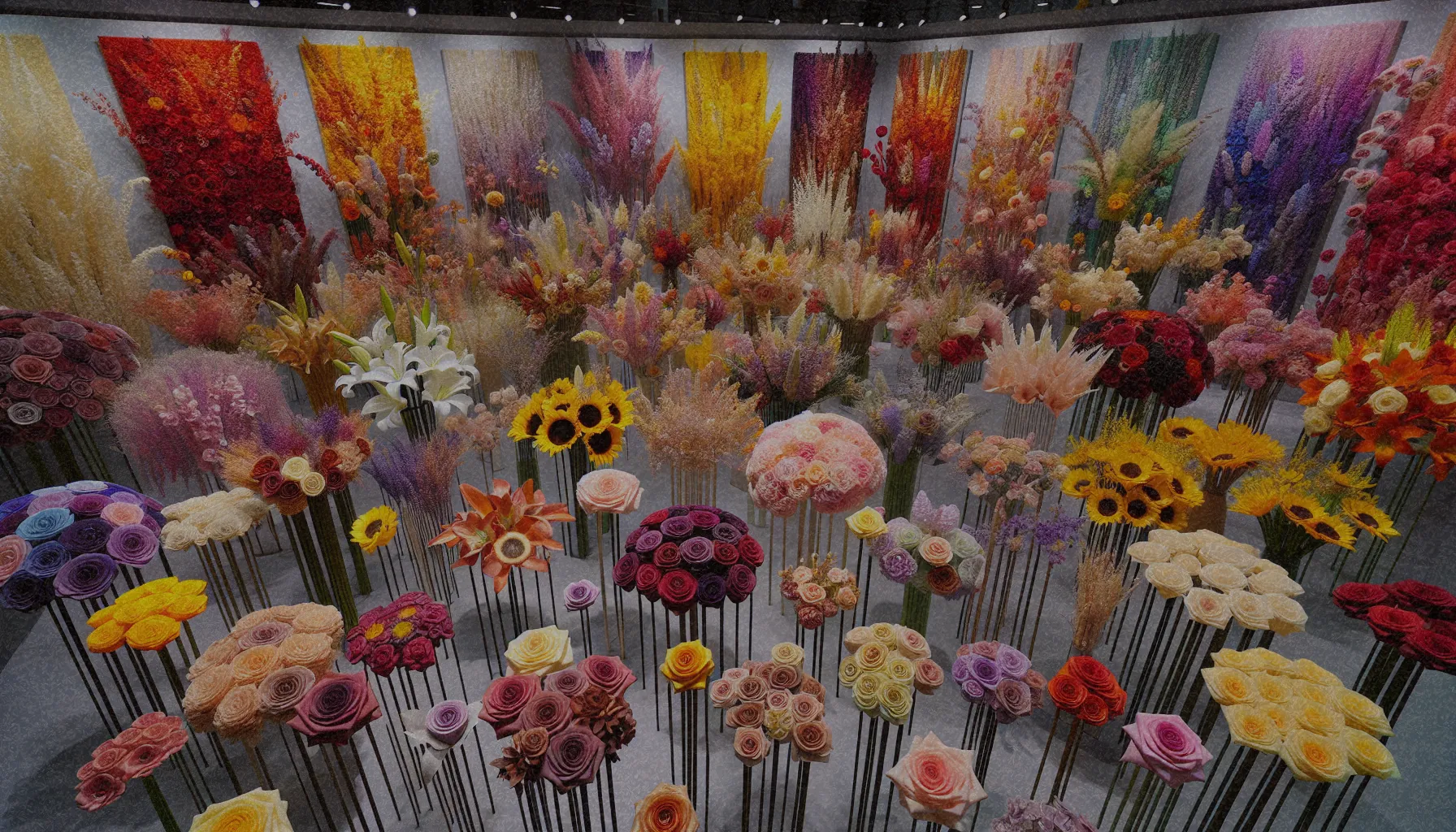 Diversos arreglos de flores preservadas personalizadas en una exposición colorida, mostrando variedad de formas y colores.