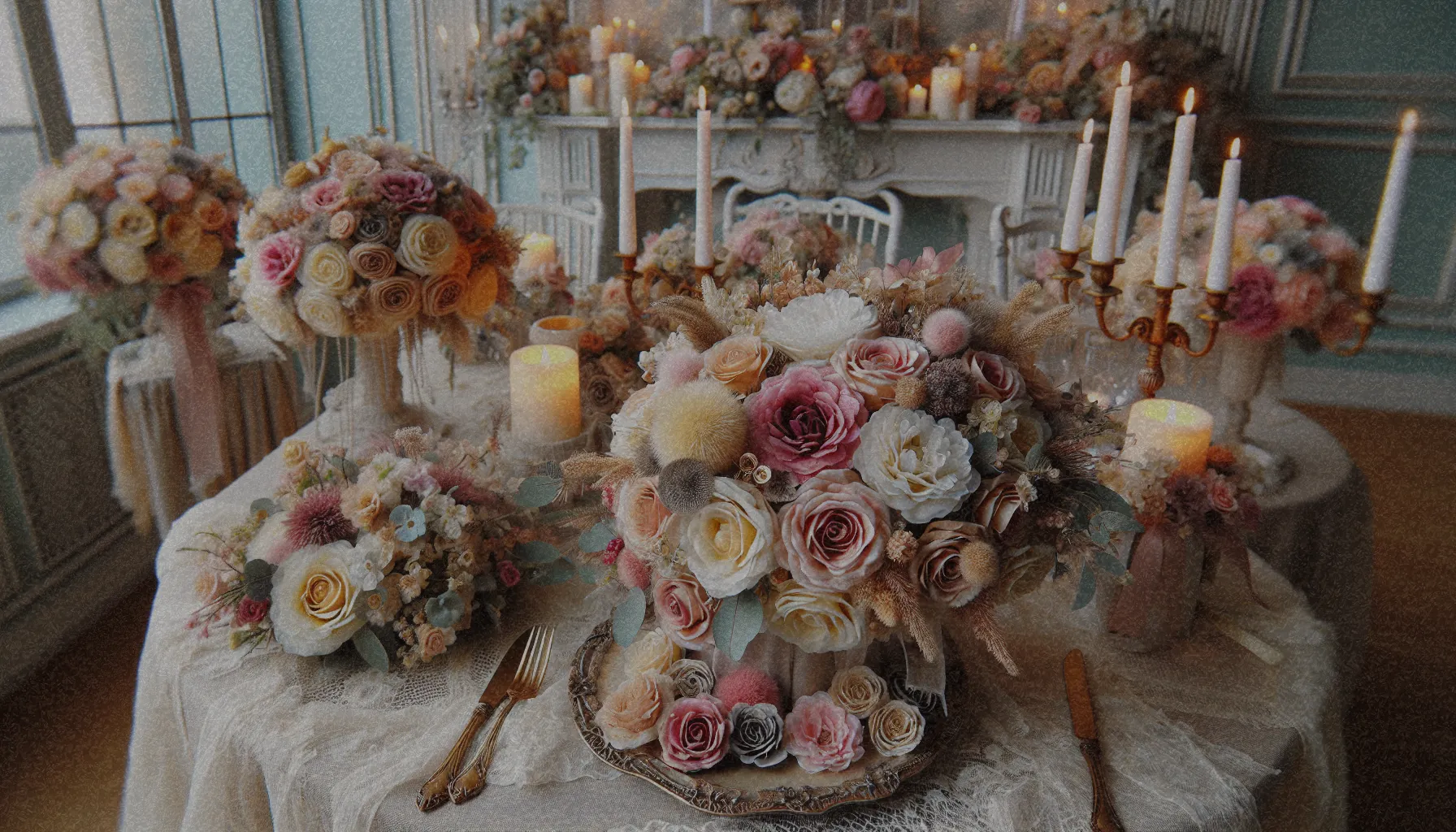 Ramo de flores preservadas personalizado, con rosas y peonias, dispuesto en una mesa de bodas con decoración vintage.