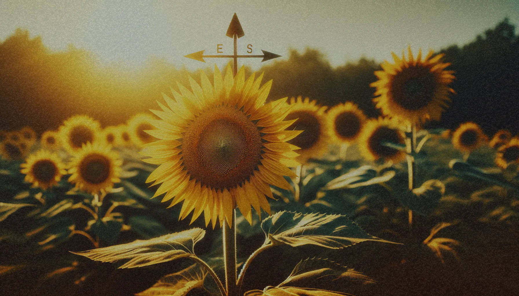 Girasoles maduros mirando hacia el este, mostrando su orientación en un campo soleado