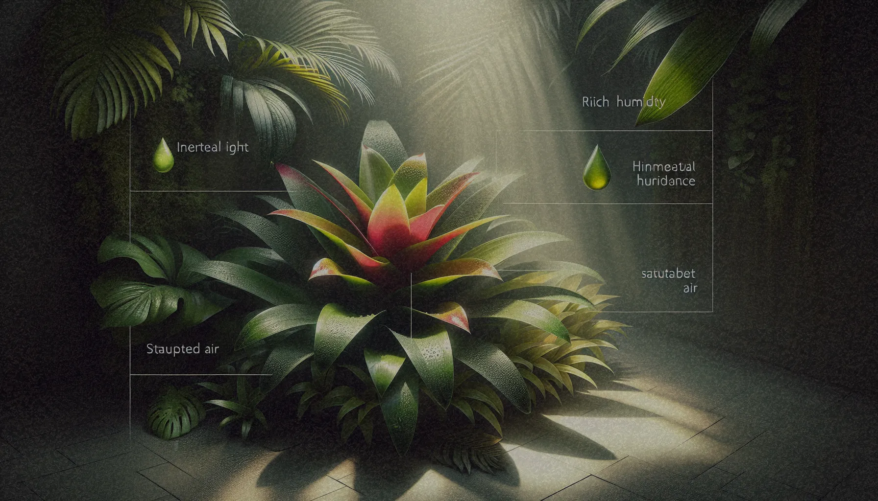 Espacio ideal para cultivar una guzmania, mostrando luz indirecta y un ambiente tropical