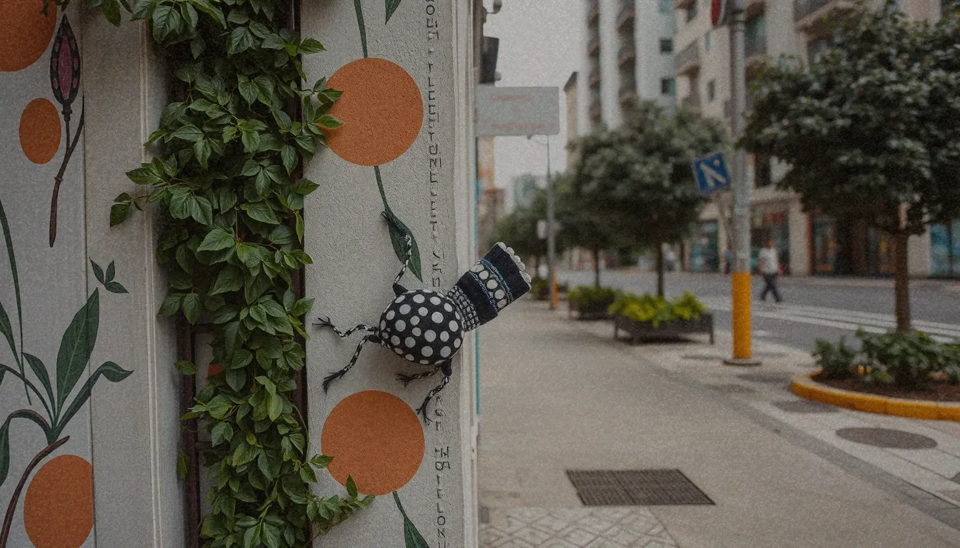 Hiedra trepando por una pared decorativa en un entorno urbano