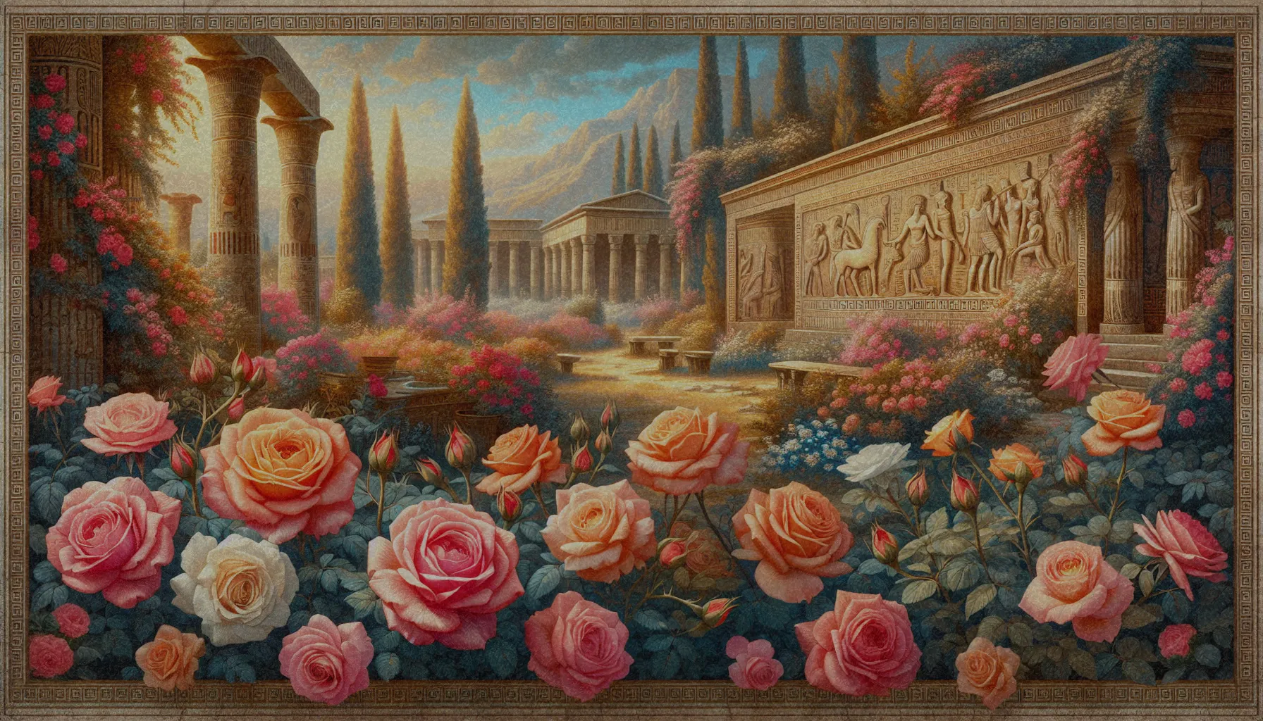 Rosas en un jardín antiguo, representando su uso histórico en civilizaciones como Egipto y Grecia