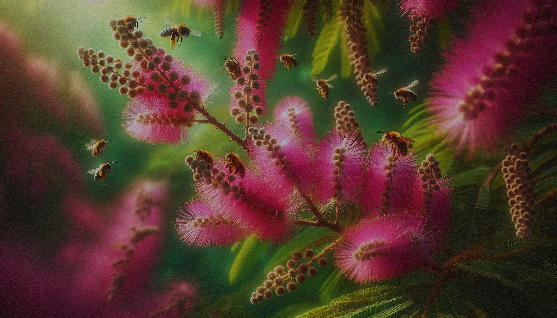 Inflorescencias de Mimosa tenuiflora en un fondo natural, exhibiendo sus flores en racimos, atrayendo polinizadores como abejas y mariposas.