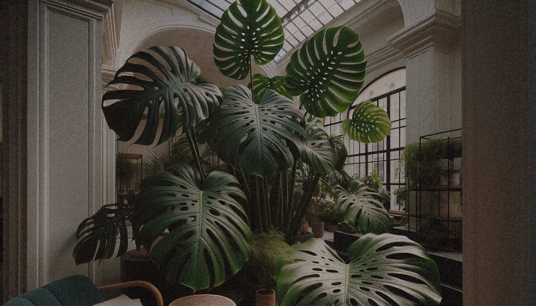 Hojas grandes y perforadas de una Monstera deliciosa en un ambiente interior