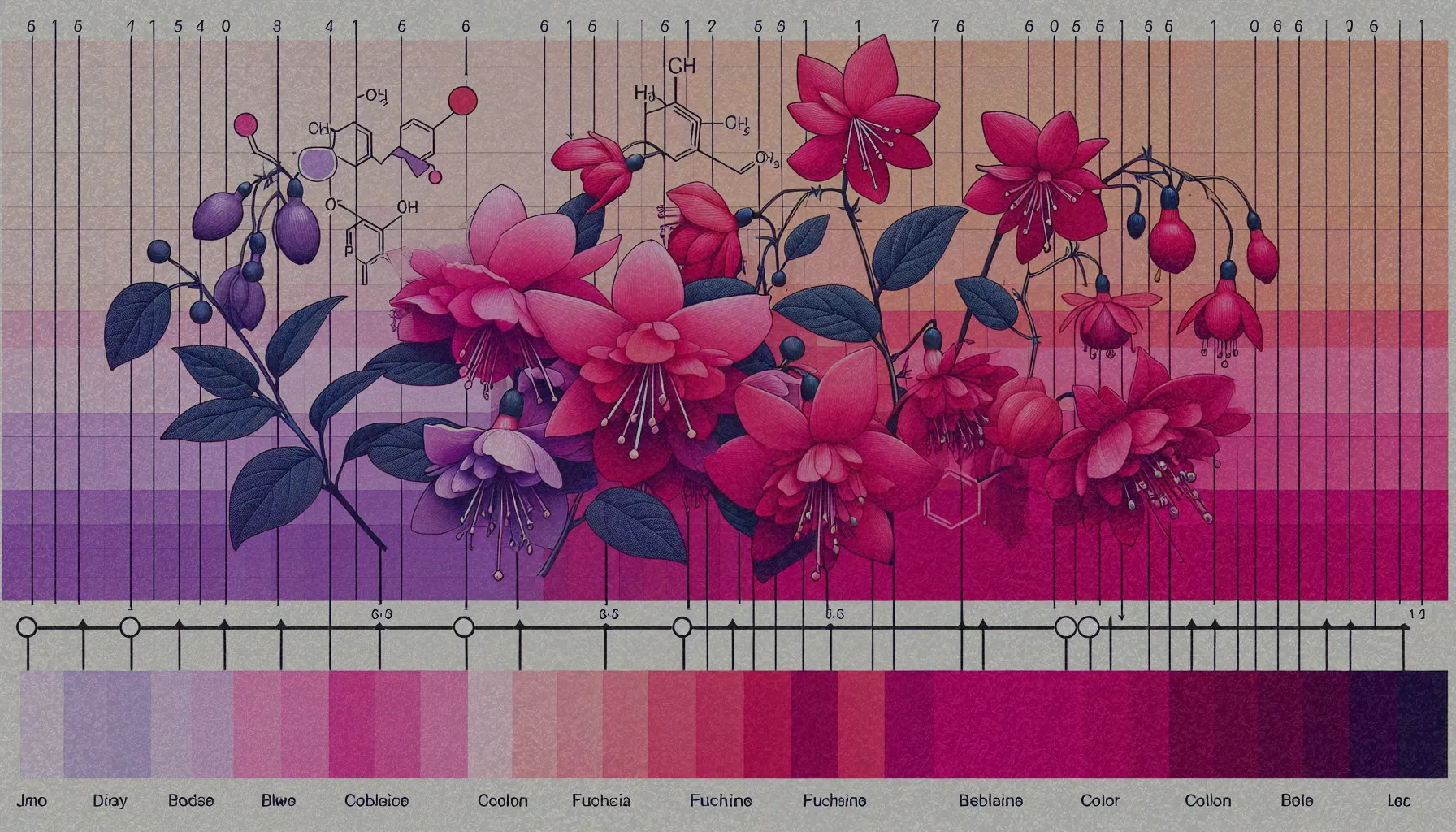 Gráfico que muestra la evolución del color fucsia y su relación con la fucsina y la flor Fuchsia magellanica.