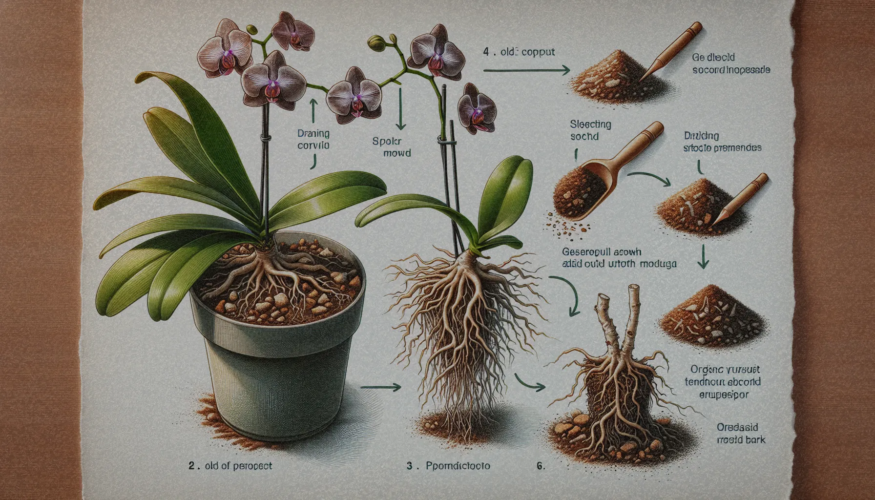 Proceso de trasplante de una orquídea, mostrando la remoción del sustrato viejo y la selección de un nuevo sustrato