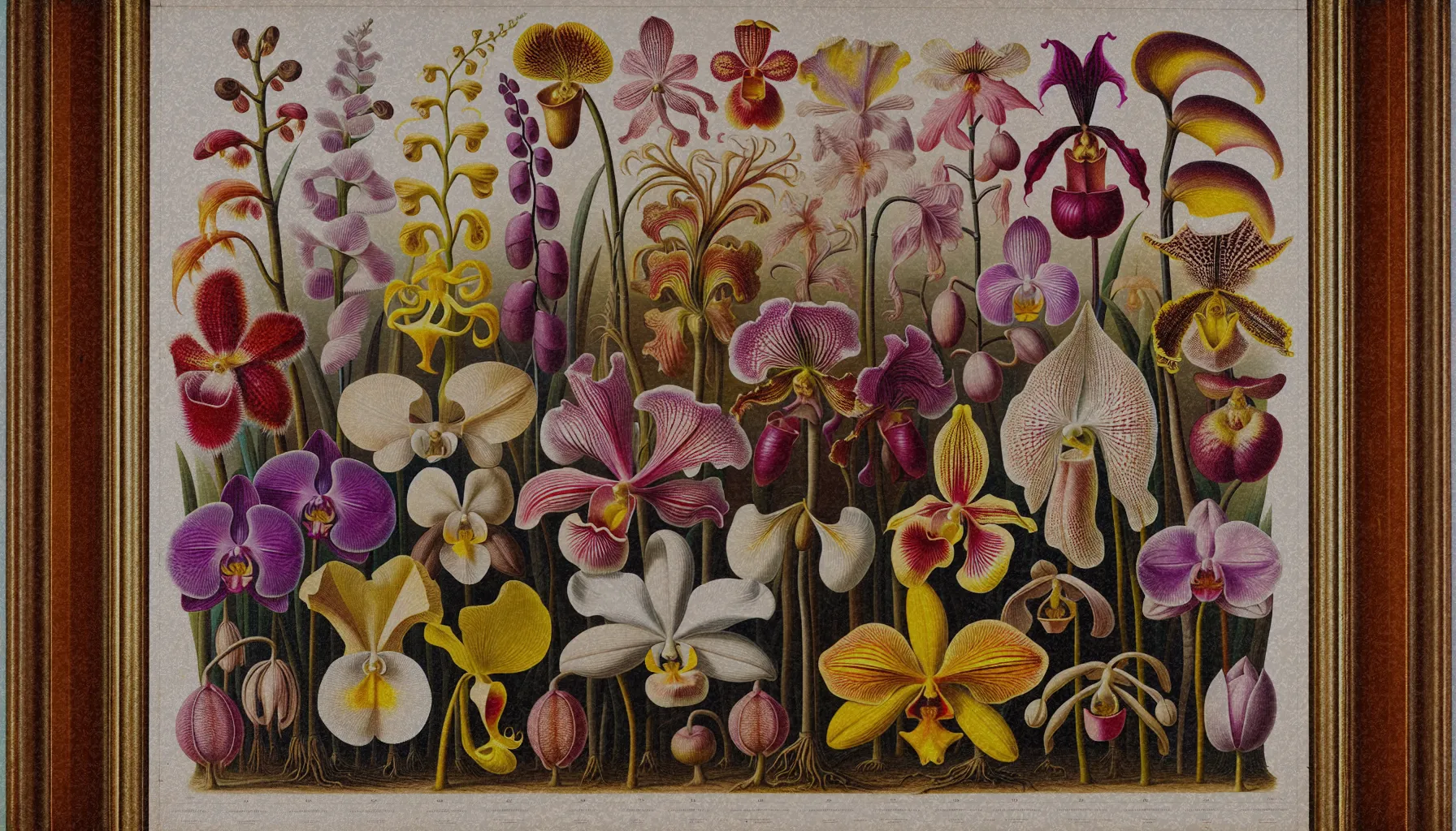 Diversidade morfológica de diferentes especies de orquídeas, mostrando la variedad de colores y formas que poseen sus flores.