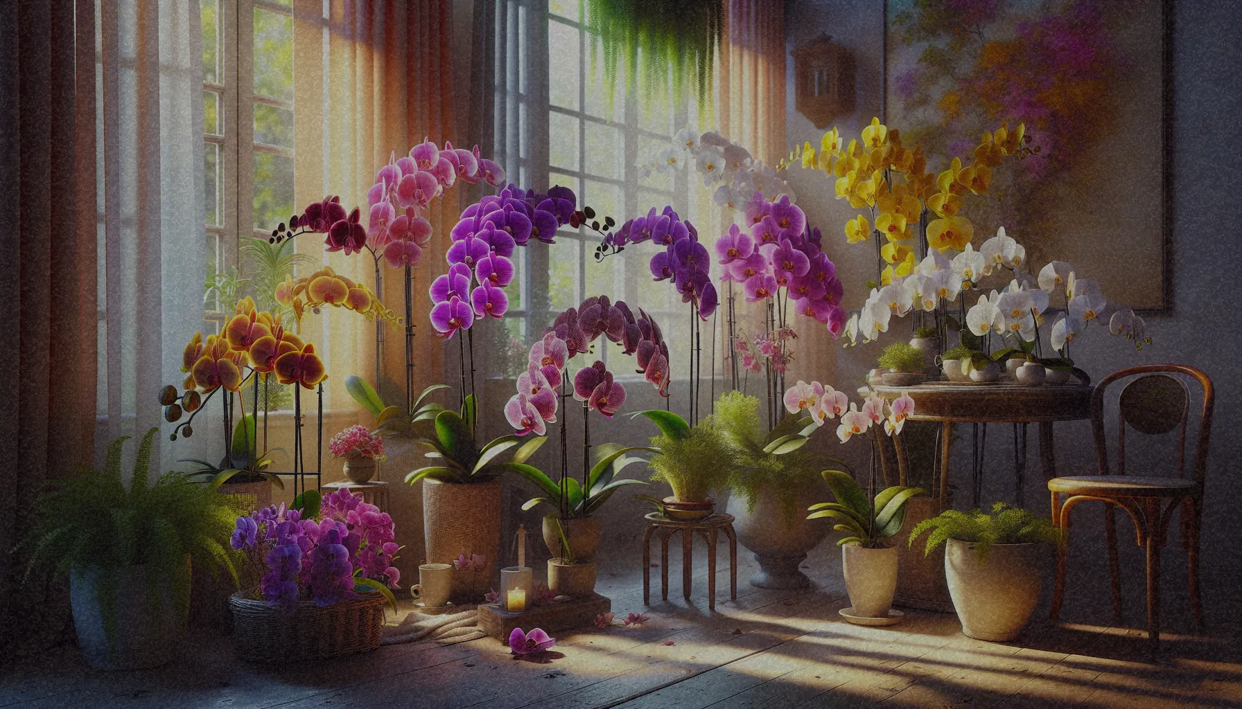 Una imagen de un grupo de orquídeas Phalaenopsis en una variedad de colores brillantes, mostrando su capacidad de adaptación a ambientes interiores.