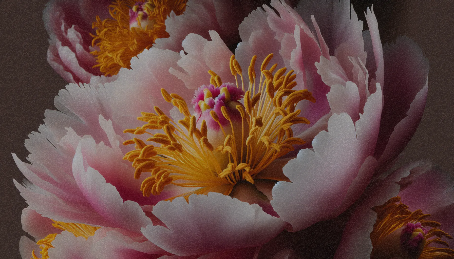 Close-up de flores de peonía herbácea mostrando su variedad de colores y estambres amarillos.