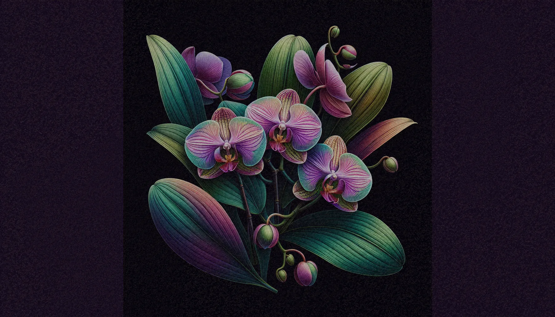 Imagen de la orquídea Phalaenopsis mostrando sus características hojas y flores hermosas, destacando su colorido y textura