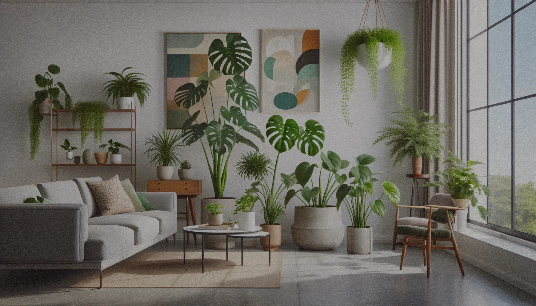 Distintas plantas de interior como la monstera y el pothos en una decoración moderna.