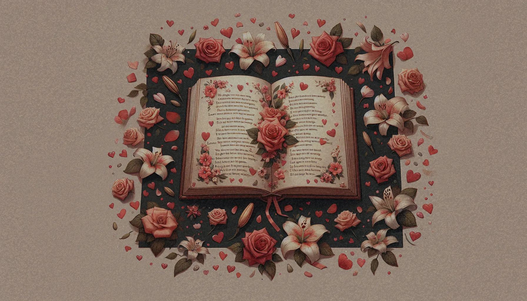 Un libro abierto con poemas de amor escritos en una página, acompañado de flores románticas