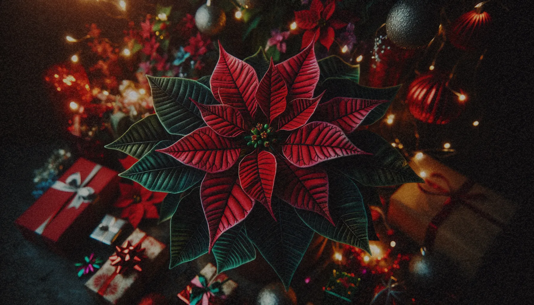 Imagen detallada de una poinsettia con brácteas rojas vibrantes en un entorno navideño.