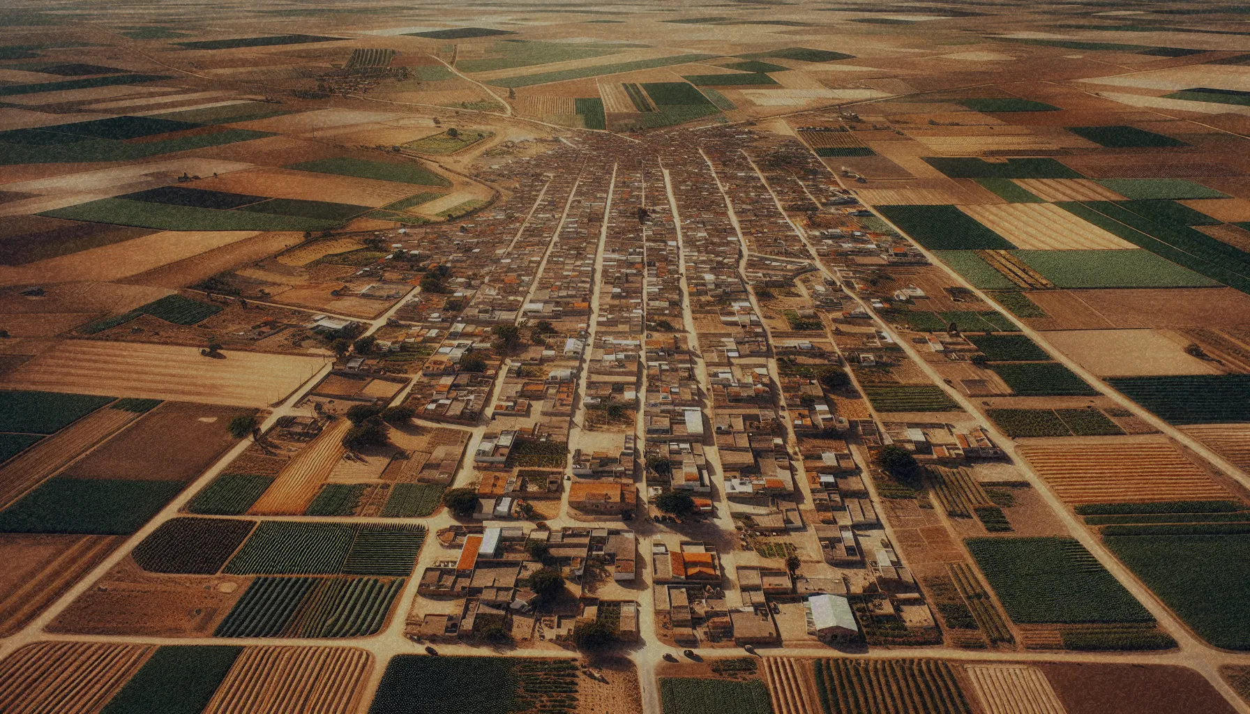 Vista aérea de Pozo Estrecho, destacando su entorno agrícola y la topografía llana de la localidad.