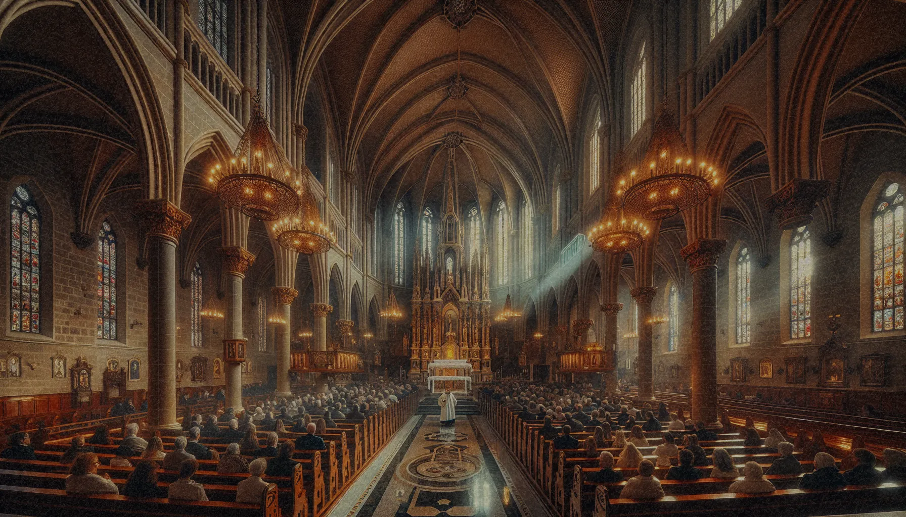 Interior de la Parroquia de San Fulgencio, mostrando su arquitectura y ambiente durante una ceremonia religiosa.