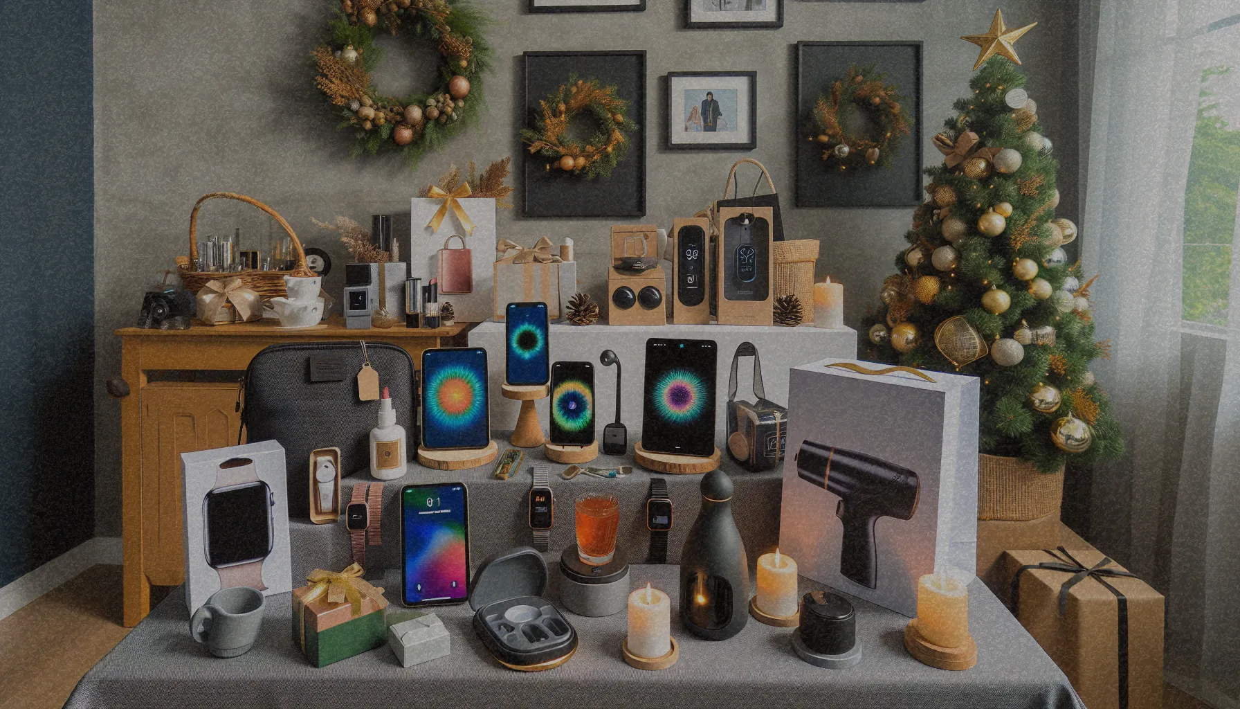 Muestra de varios regalos prácticos, incluyendo gadgets tecnológicos y productos de belleza, representados en una mesa decorativa.