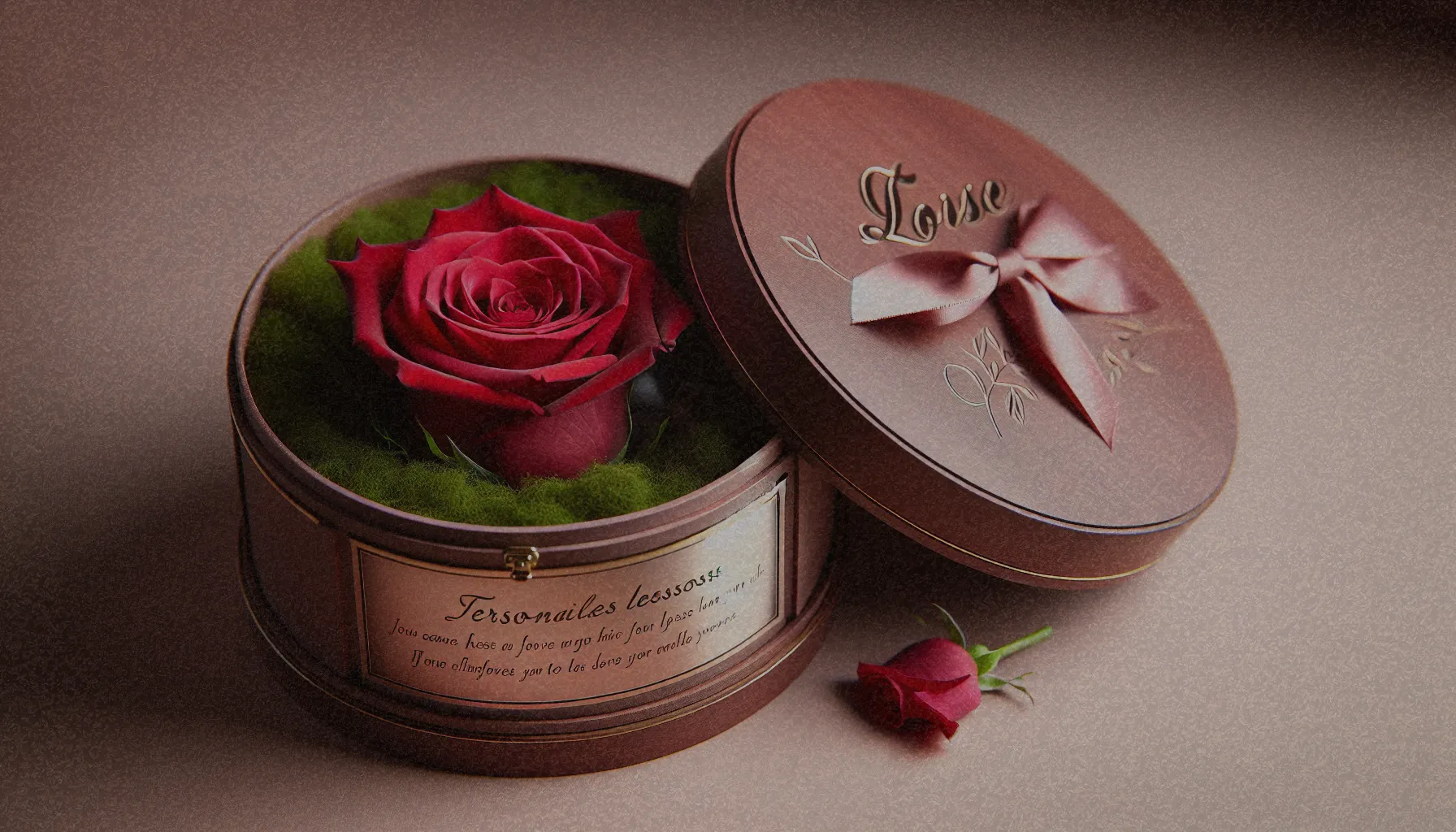 Rosa eterna en caja personalizada con dedicatoria, un regalo perfecto para ocasiones especiales.