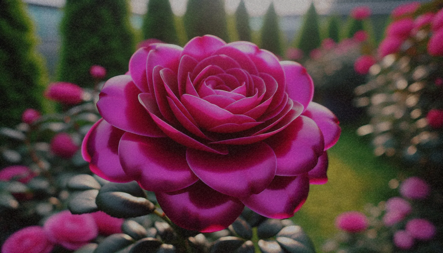 Rosa fucsia brillando en un jardín, mostrando su vibrante color magenta y pétalos suaves.