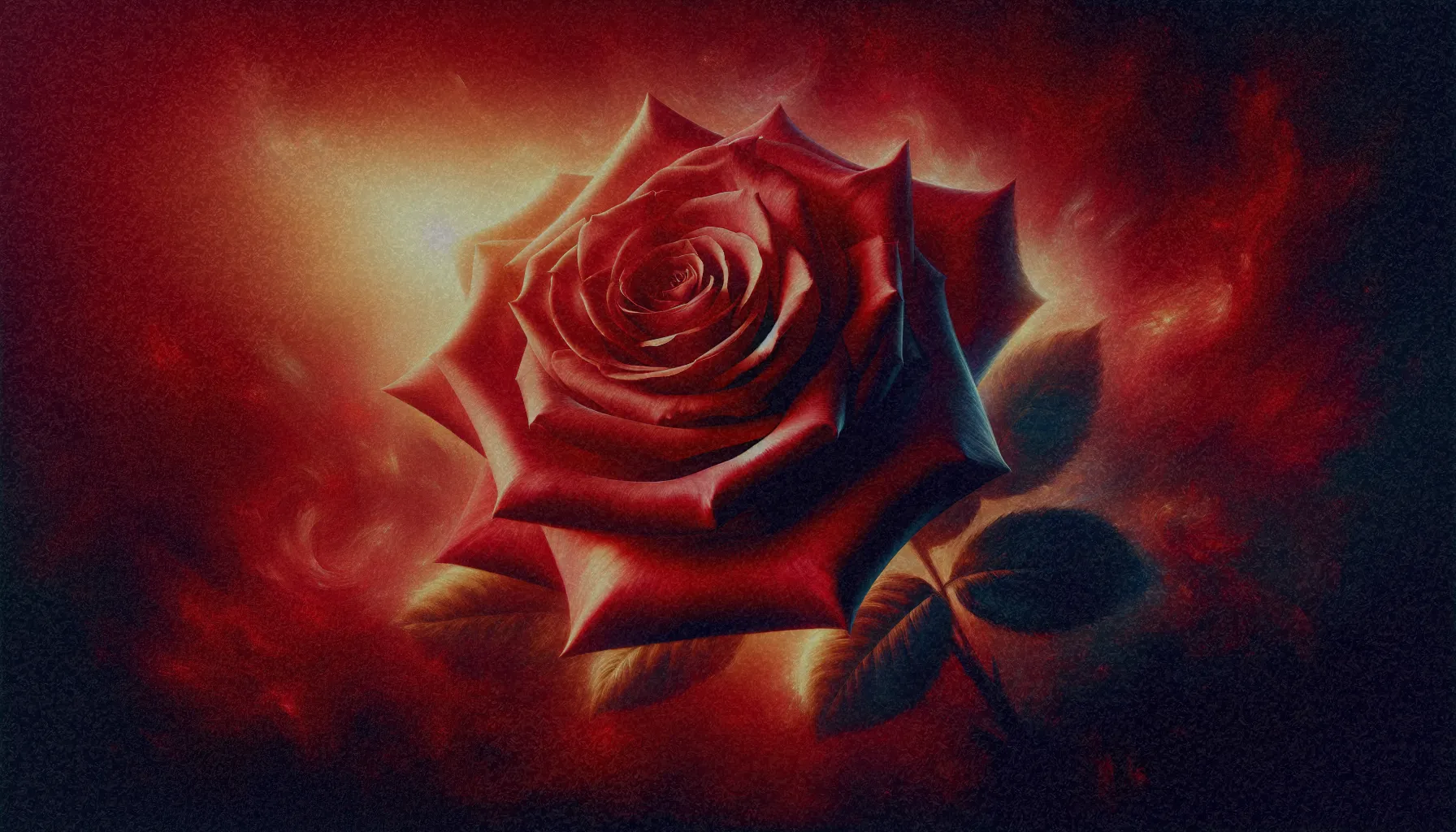 Pintura de una rosa roja en un fondo brillante, destacando su simbolismo en el arte y la literatura.