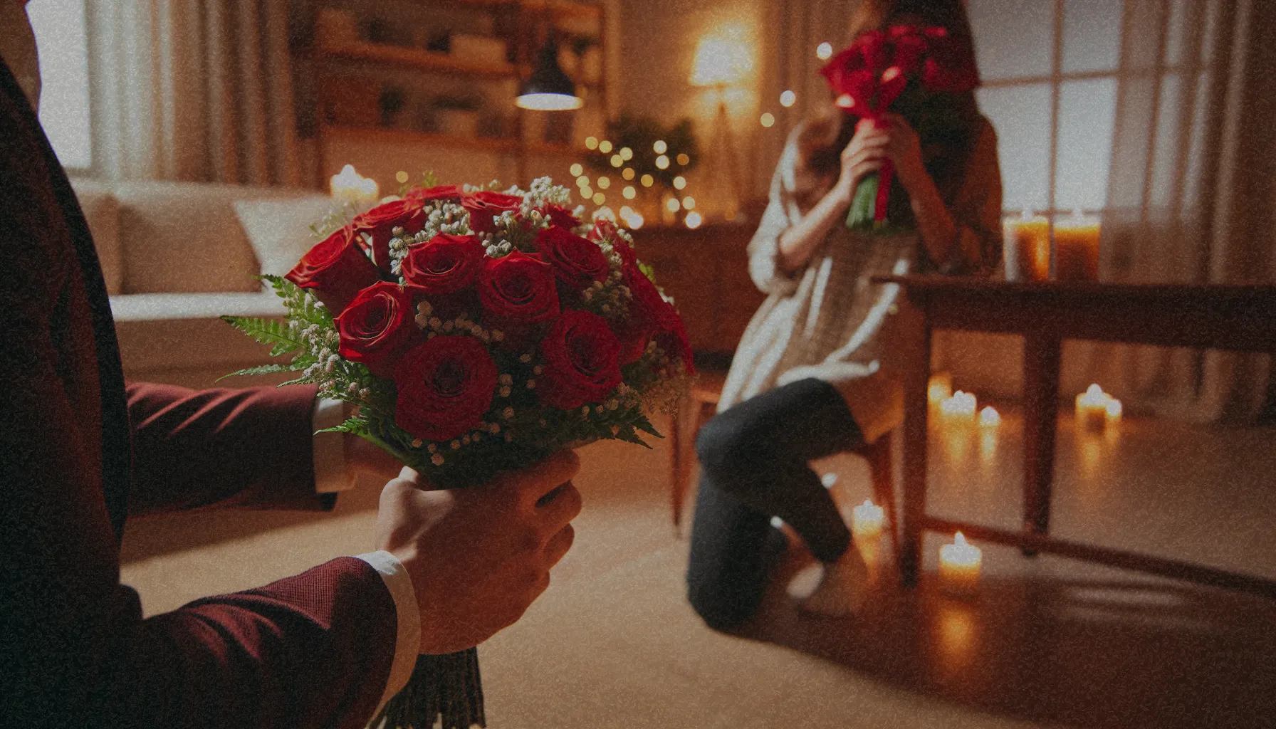 Un romántico ramo de rosas rojas presentado durante una propuesta de matrimonio en un entorno acogedor.