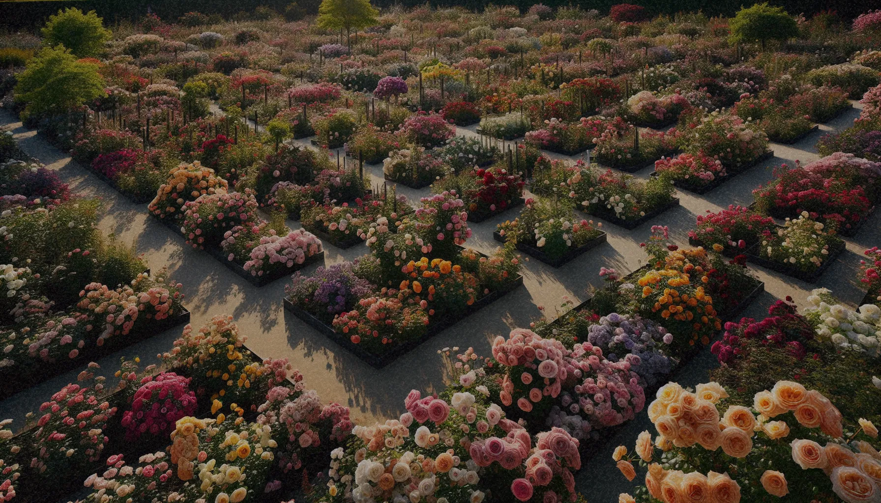 Variedades de rosas clasificados por especie y color, incluyendo rosas antiguas y modernas en un jardín botánico.